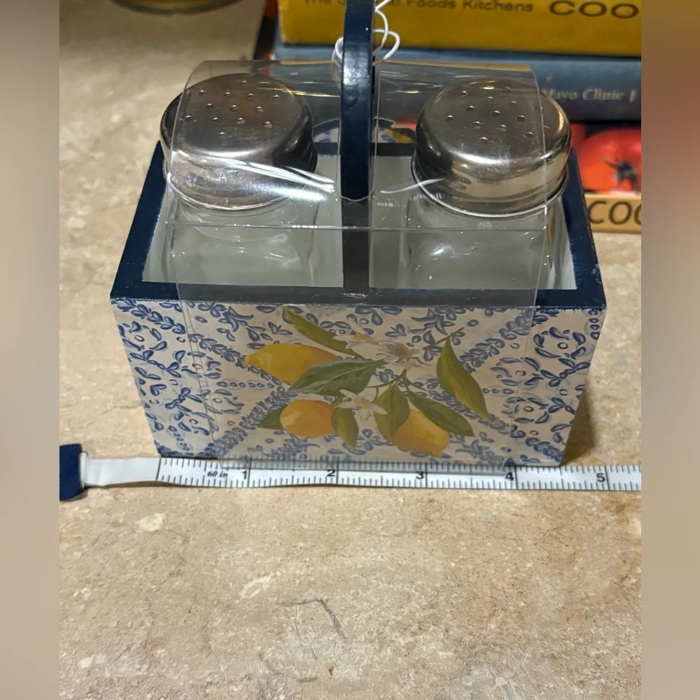 Lemon Patterned Salt and Pepper Caddy Set NWT